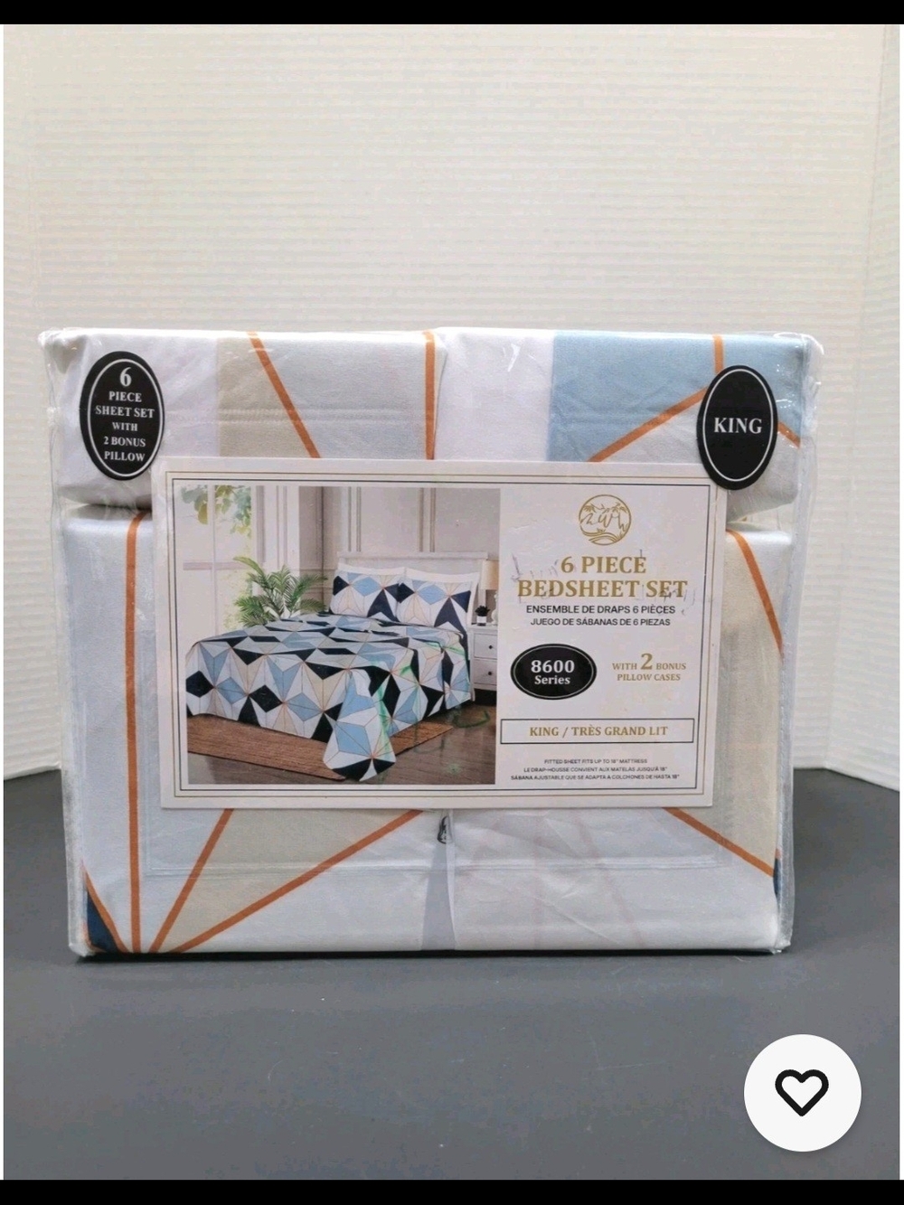 King 6-Piece Geometric Bedsheet Set - White, Light Blue & Tan 8600 Series